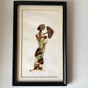 Vintage AFRICAN BUTTERFLY ART Framed Tribal Woman Collage Picture Artist’s Signe